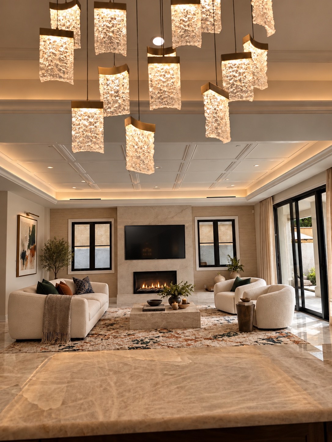 Connected kitchen and living area with fireplace and television