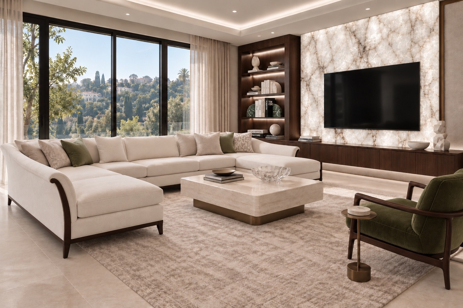 Family room with cream sectional seating, a stone television wall and garden views