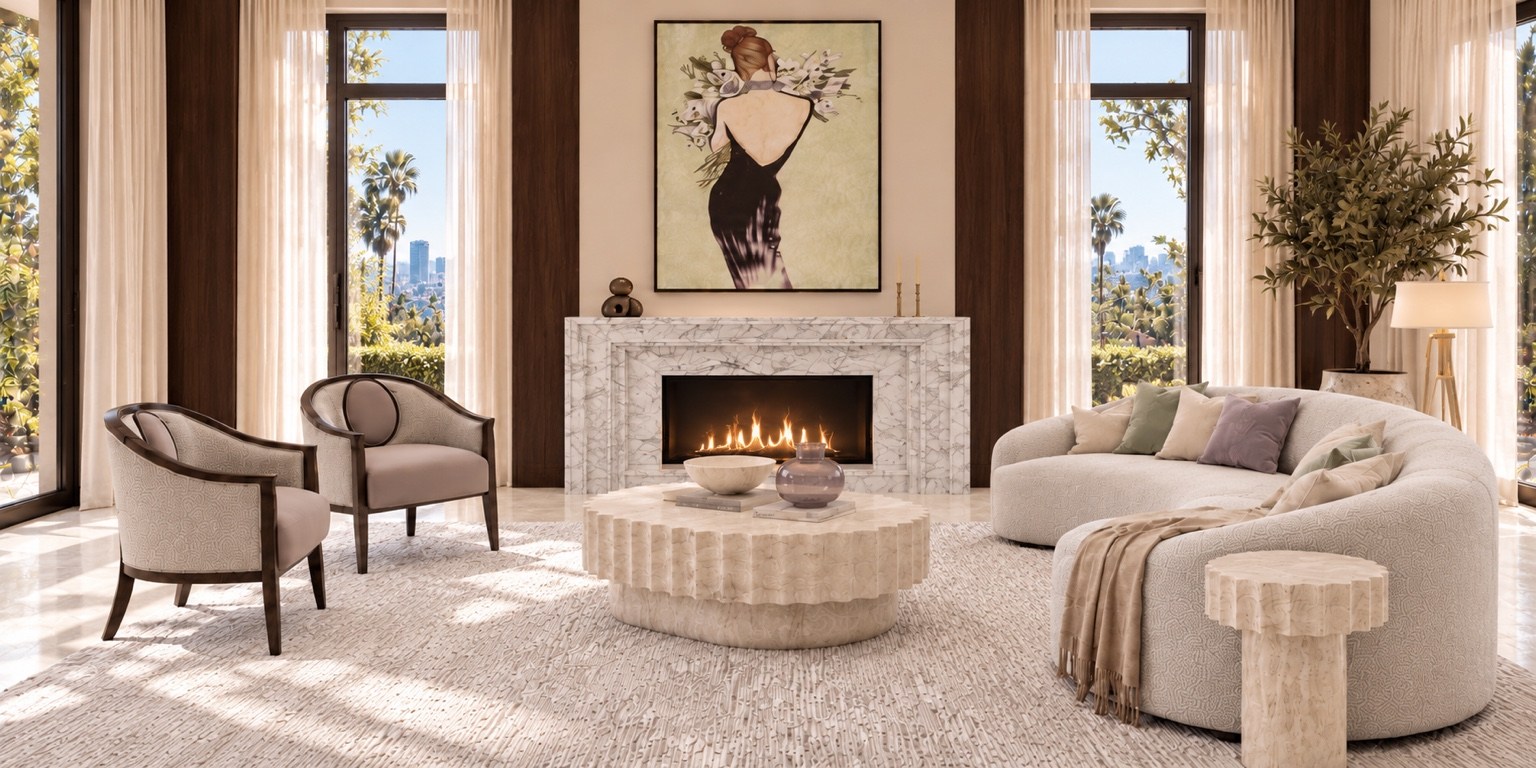 Formal living room seating arranged around a marble fireplace