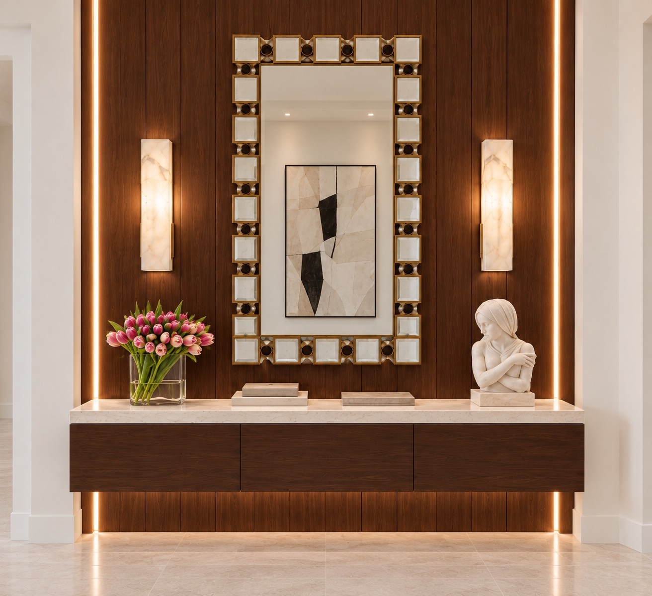 Entry console with a geometric mirror and warm integrated lighting