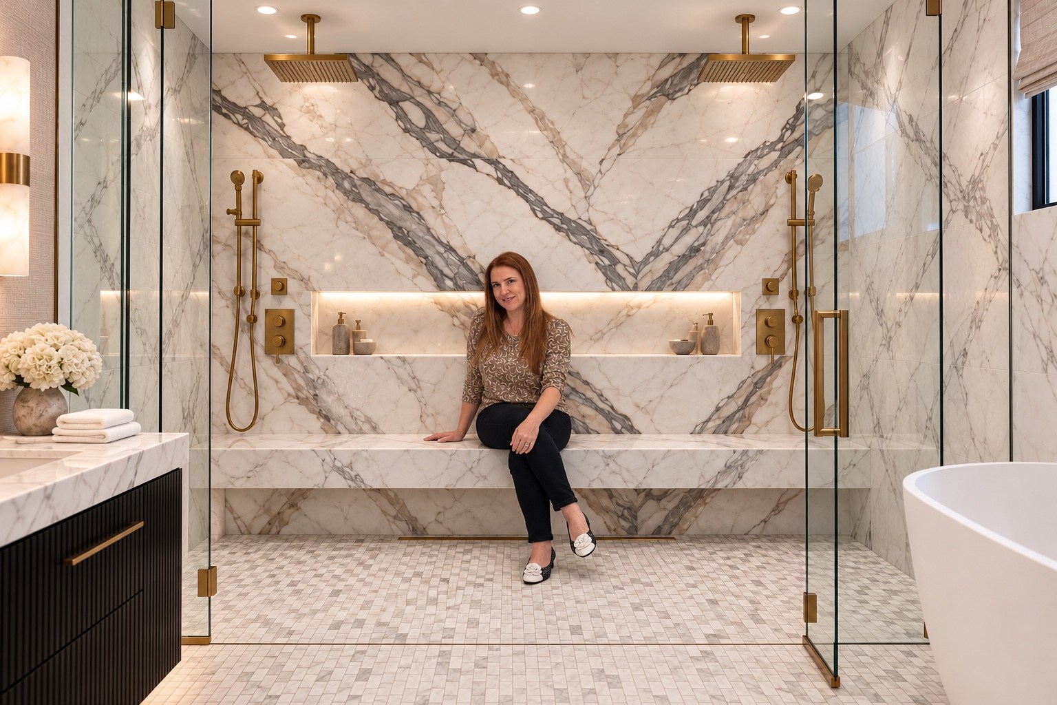 Ziba seated on the marble bench in the primary bathroom shower