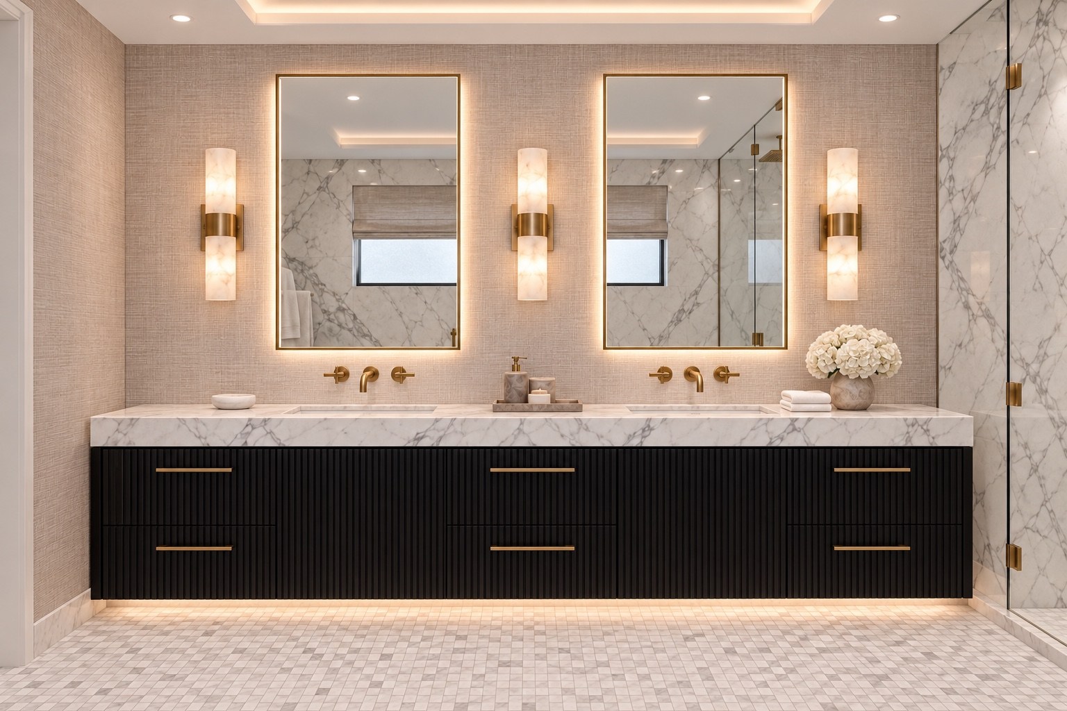 Primary bathroom double vanity with illuminated mirrors and dark fluted cabinetry