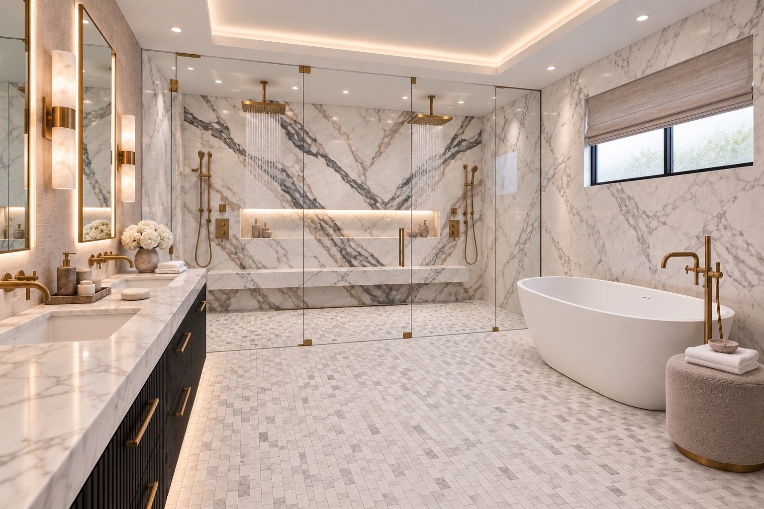 Primary bathroom with a glass shower and freestanding tub beside the window
