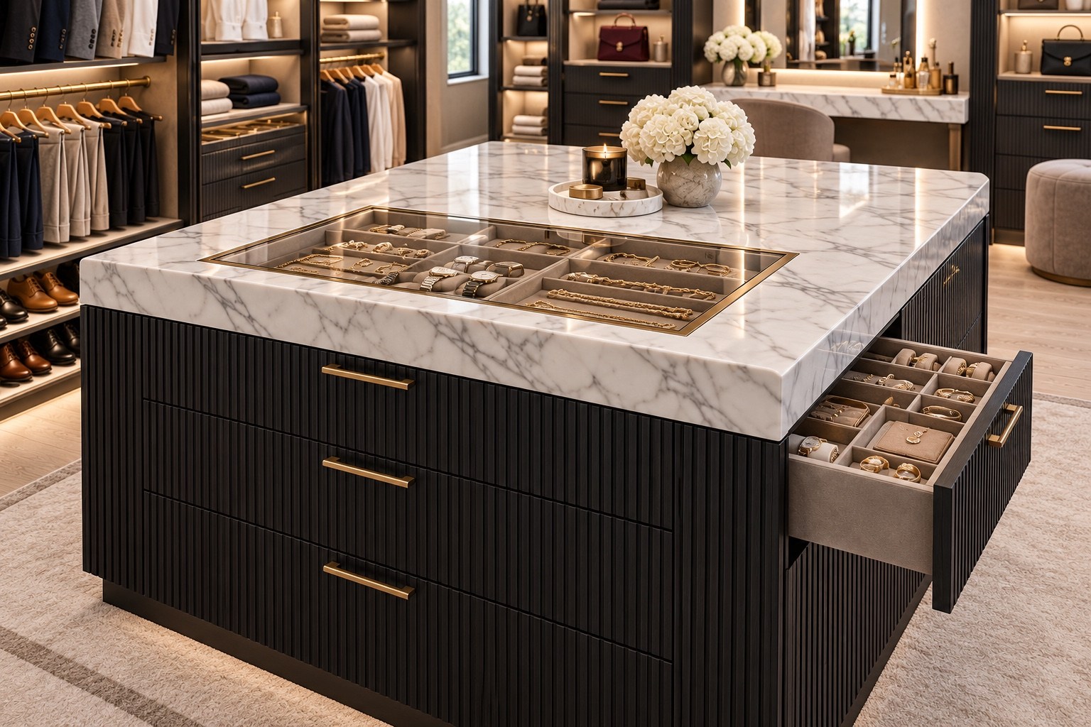 Closet island detail with glass display panels and accessory storage