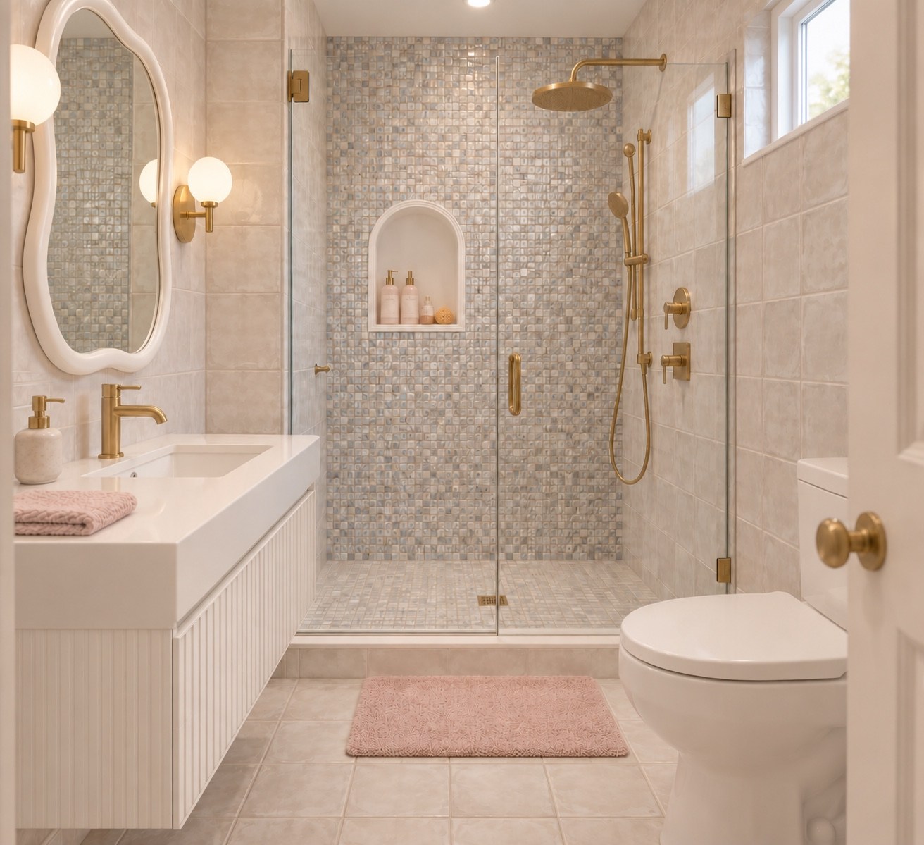 Children’s bathroom with a patterned shower wall and oval mirror