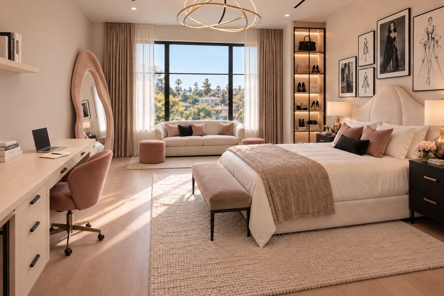 Bedroom with blush accents, a dressing desk and a window seat