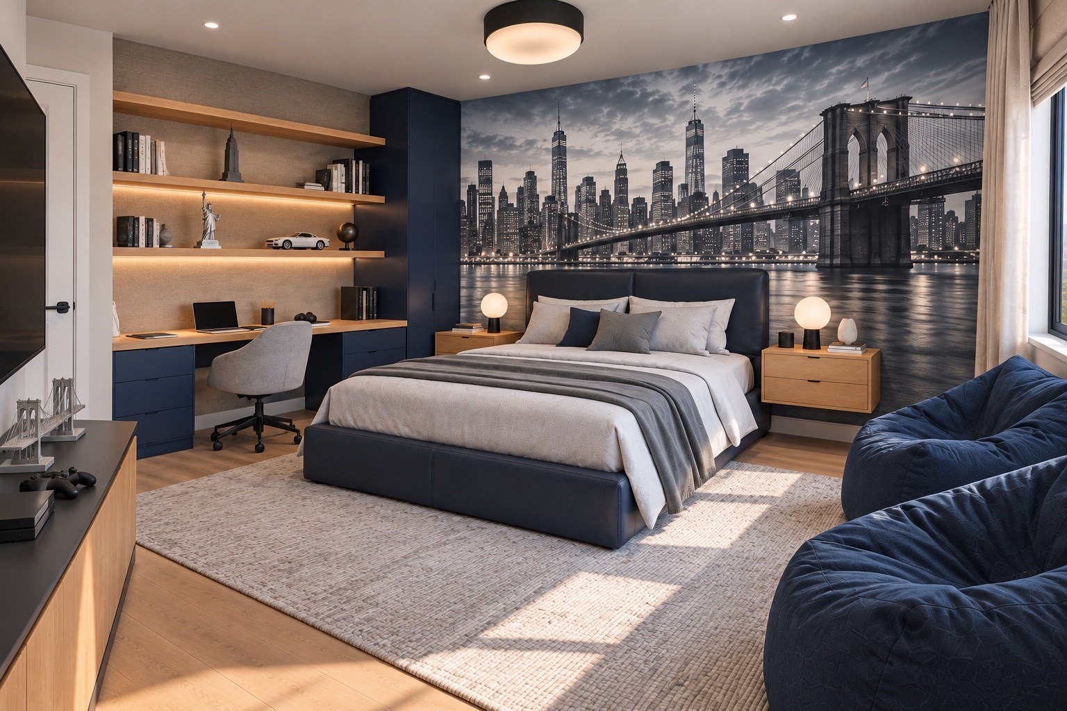 Bedroom with a Brooklyn Bridge mural, study desk and blue lounge seating