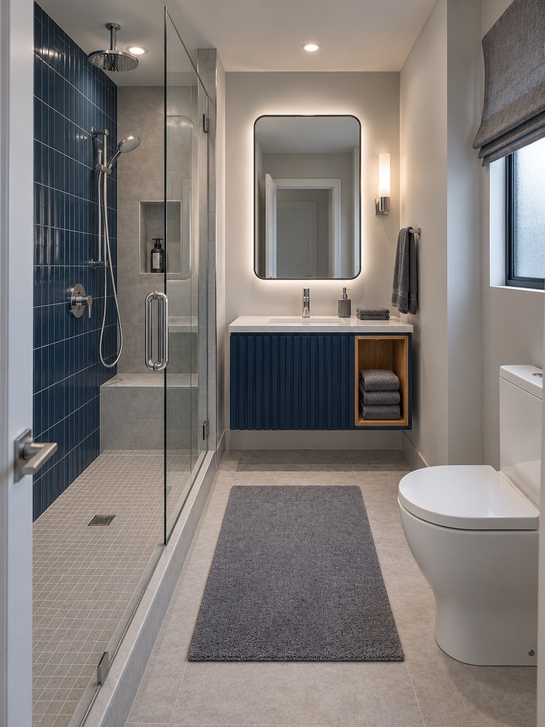 Bathroom with blue tile, a glass shower and an illuminated mirror