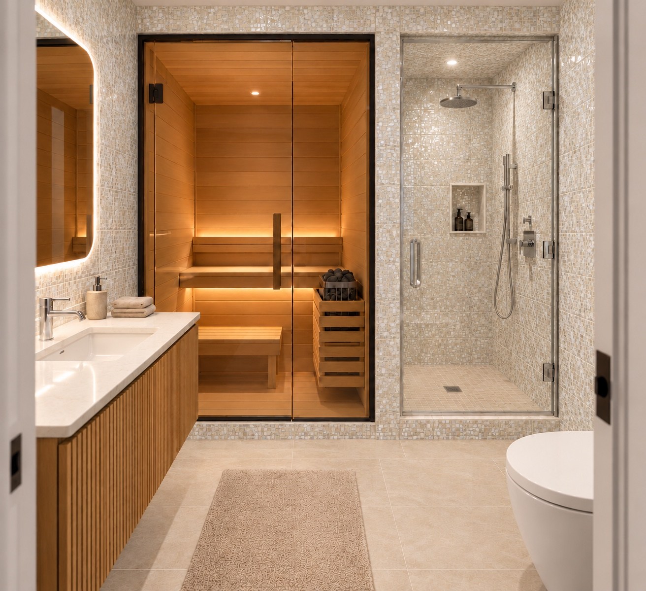 Bathroom with a wood-lined sauna and adjacent glass shower