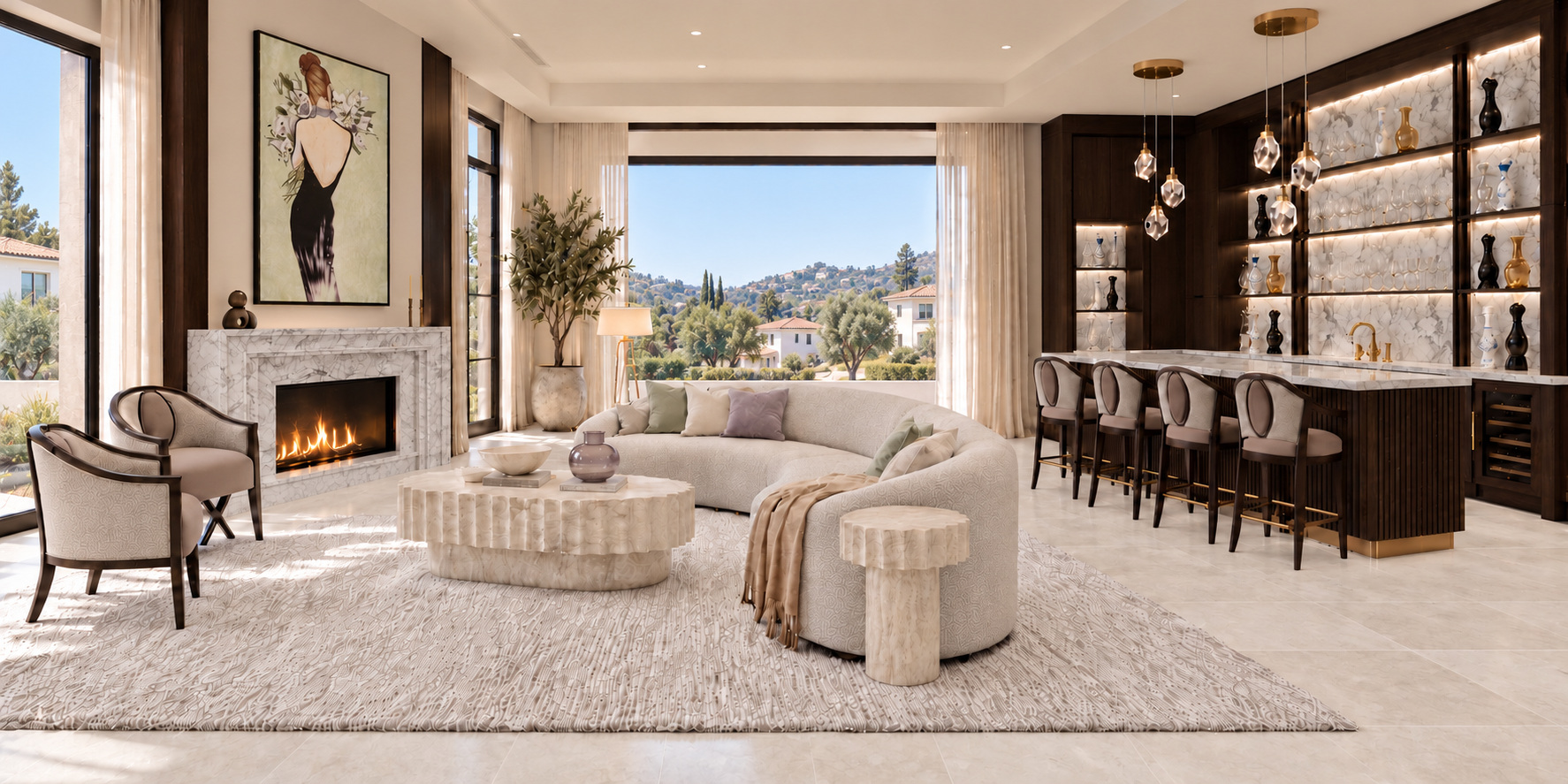 Beverly Hills Post Office living room with a marble fireplace, custom bar, and elegant seating