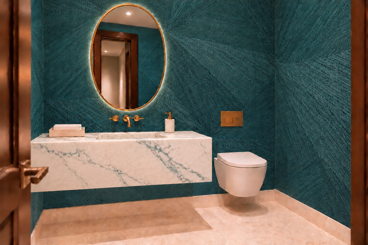 Powder room with textured teal wallpaper and a floating white stone sink with subtle teal veining
