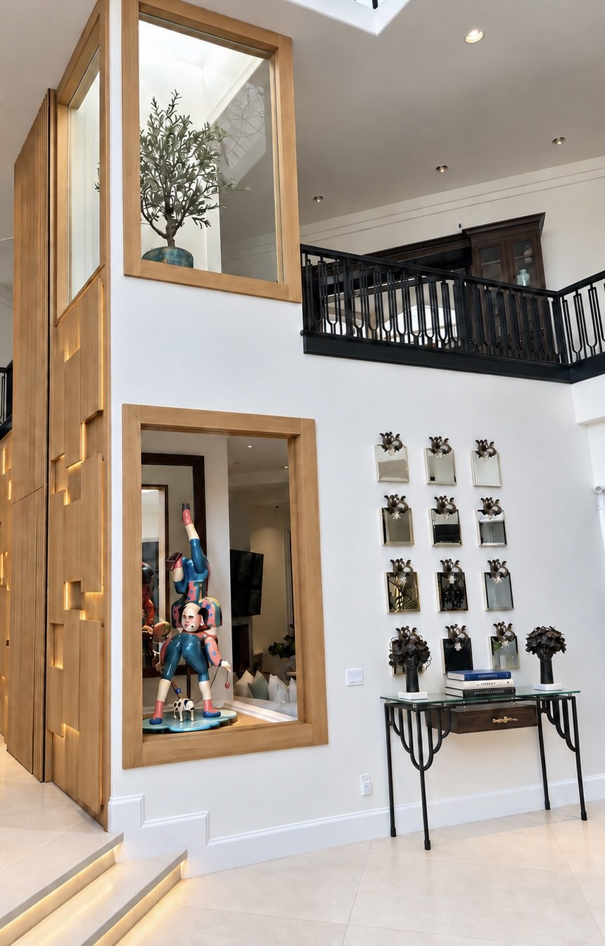 Foyer mirrors and upper-level railing