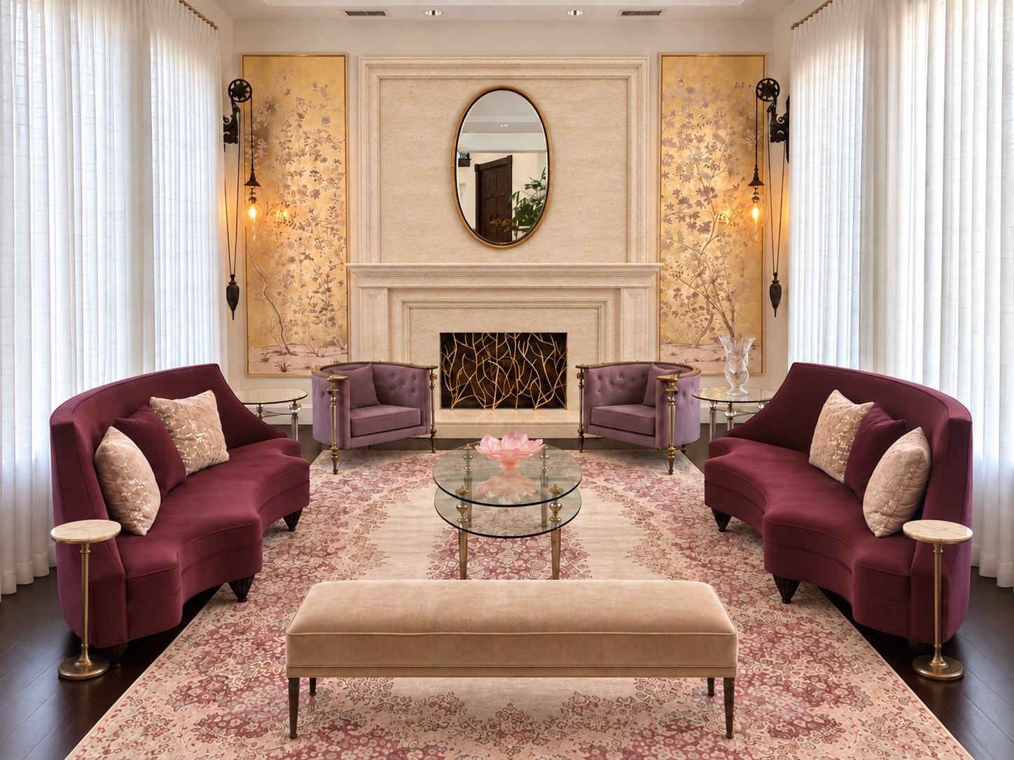 Formal living room with plum seating and gold wall panels
