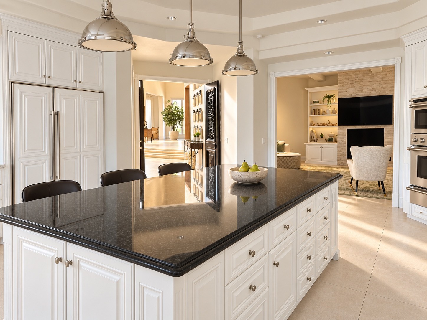 Kitchen with white cabinetry and dark stone island