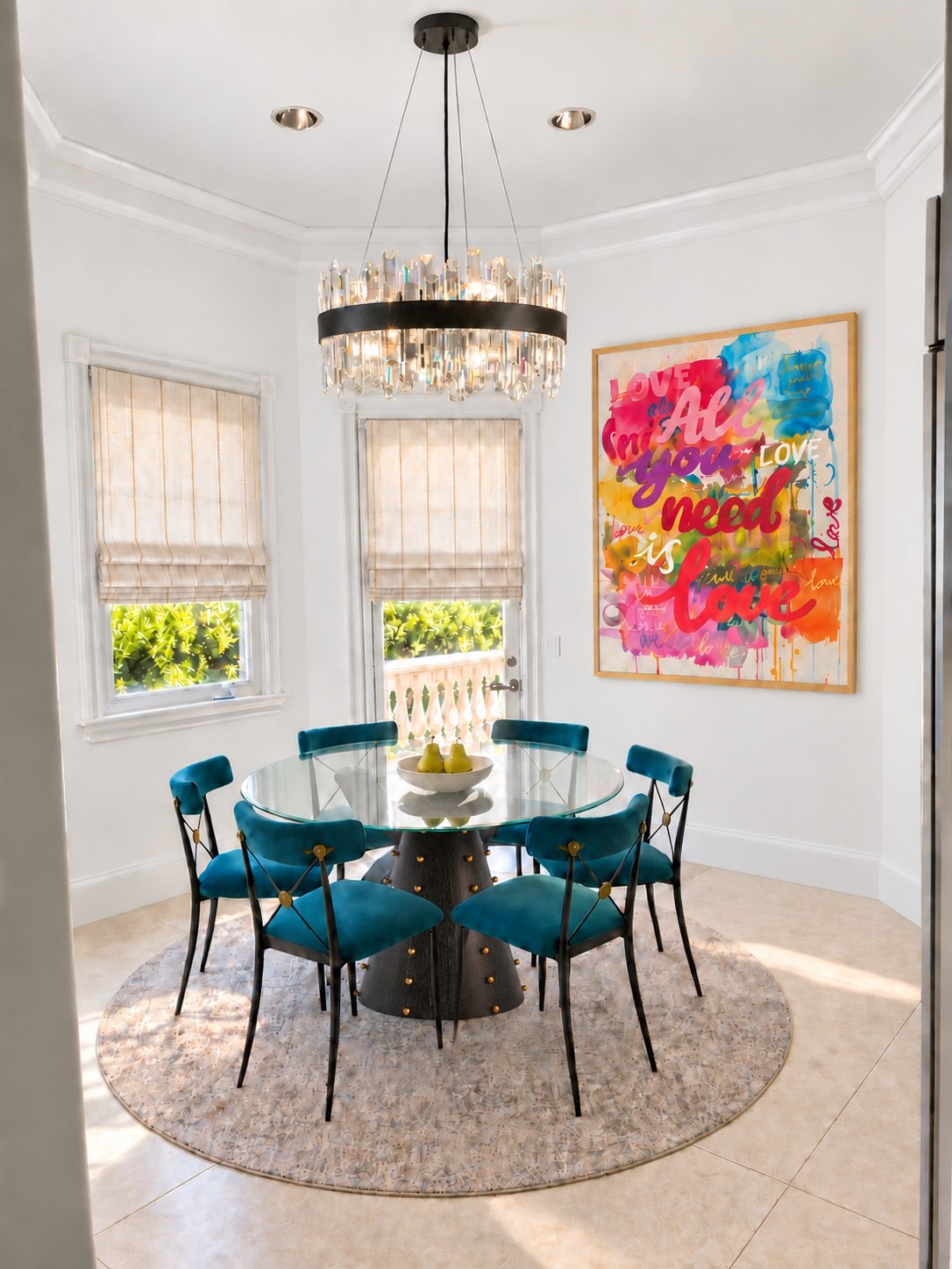 Breakfast area with teal chairs and colorful artwork