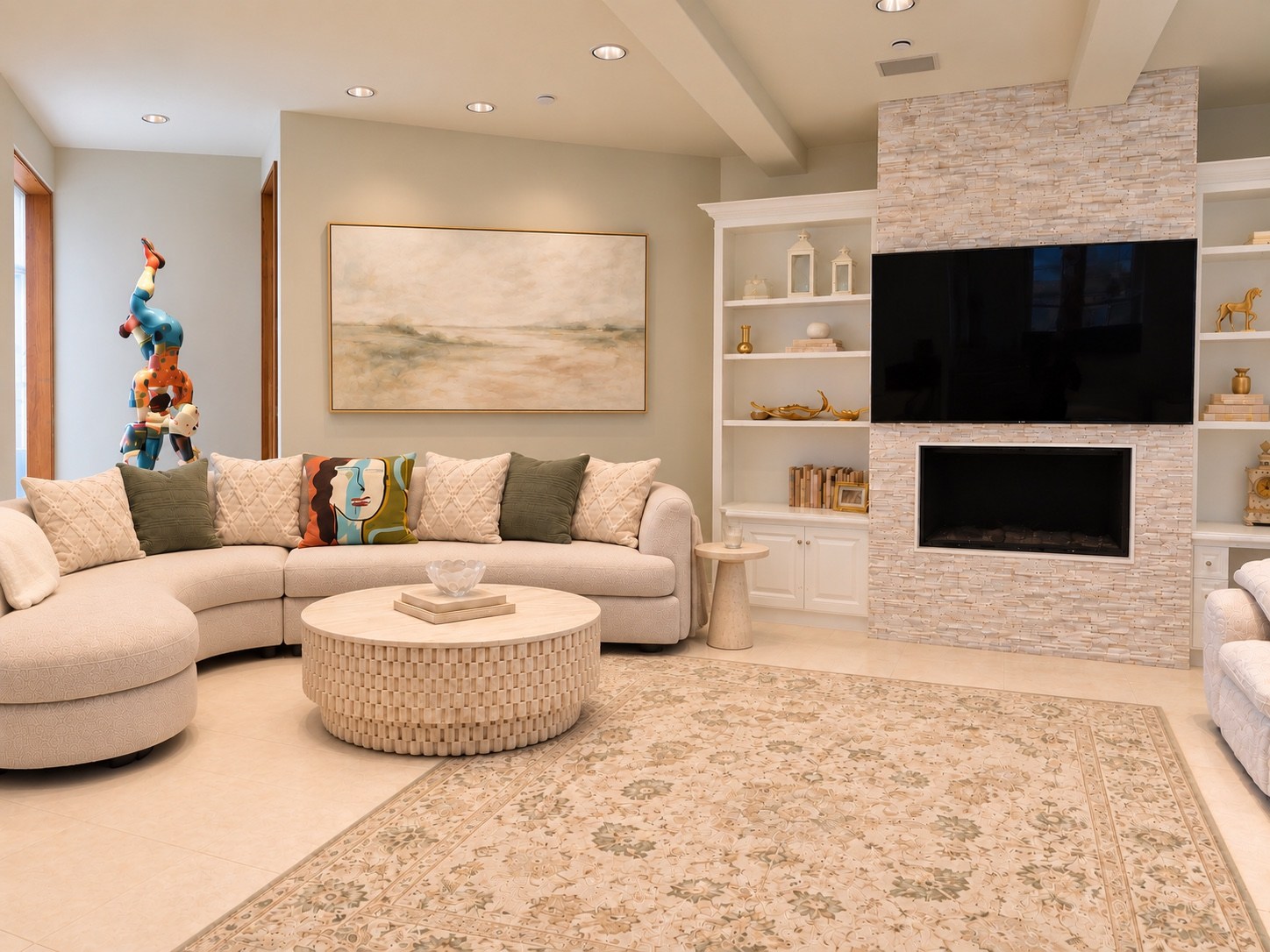 Family room with curved seating and stone fireplace