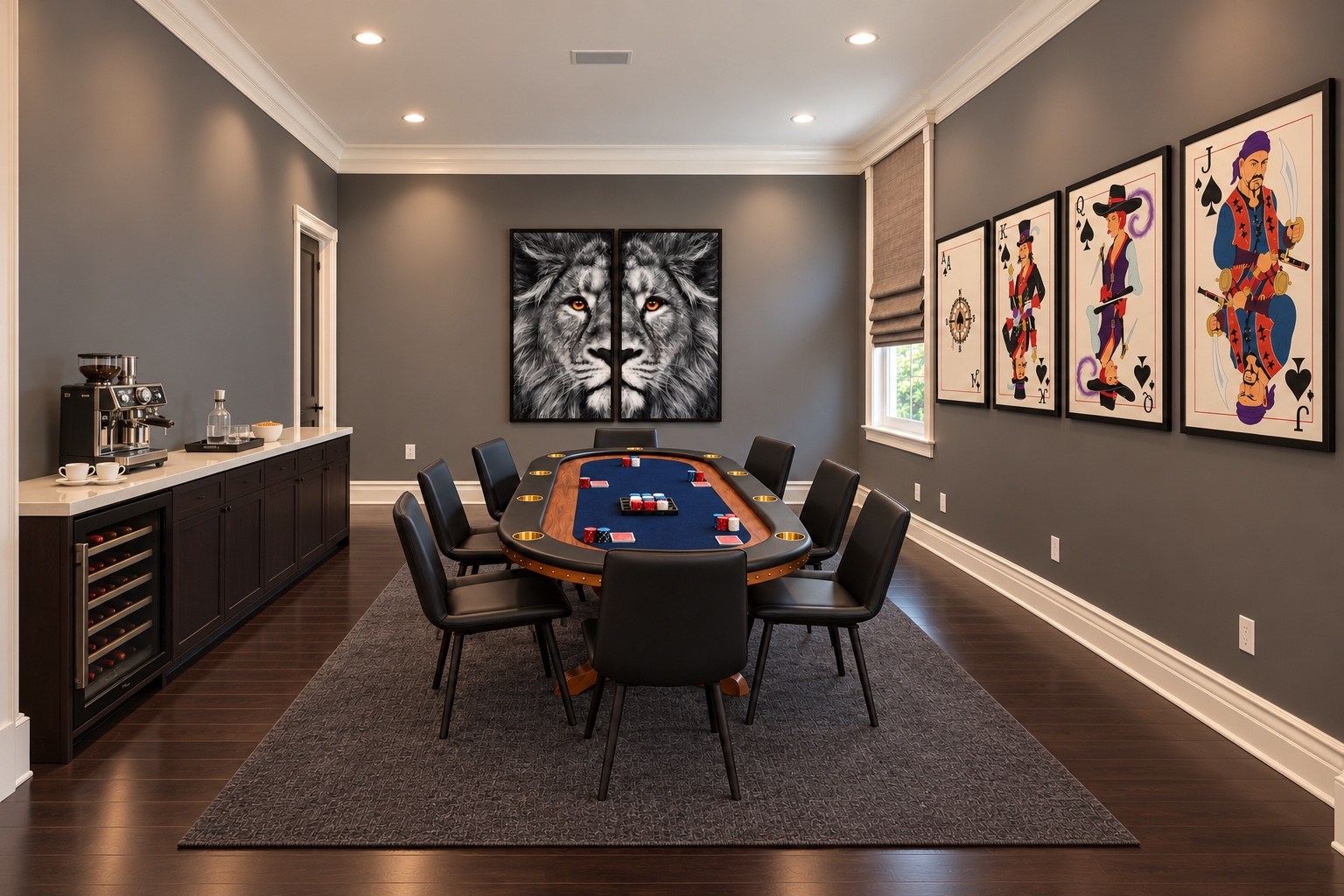 Poker room with serving cabinet and seating
