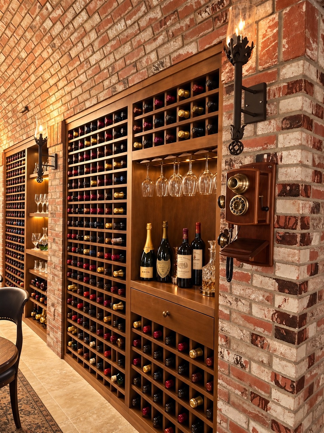 Wine storage and serving niche with brick detailing