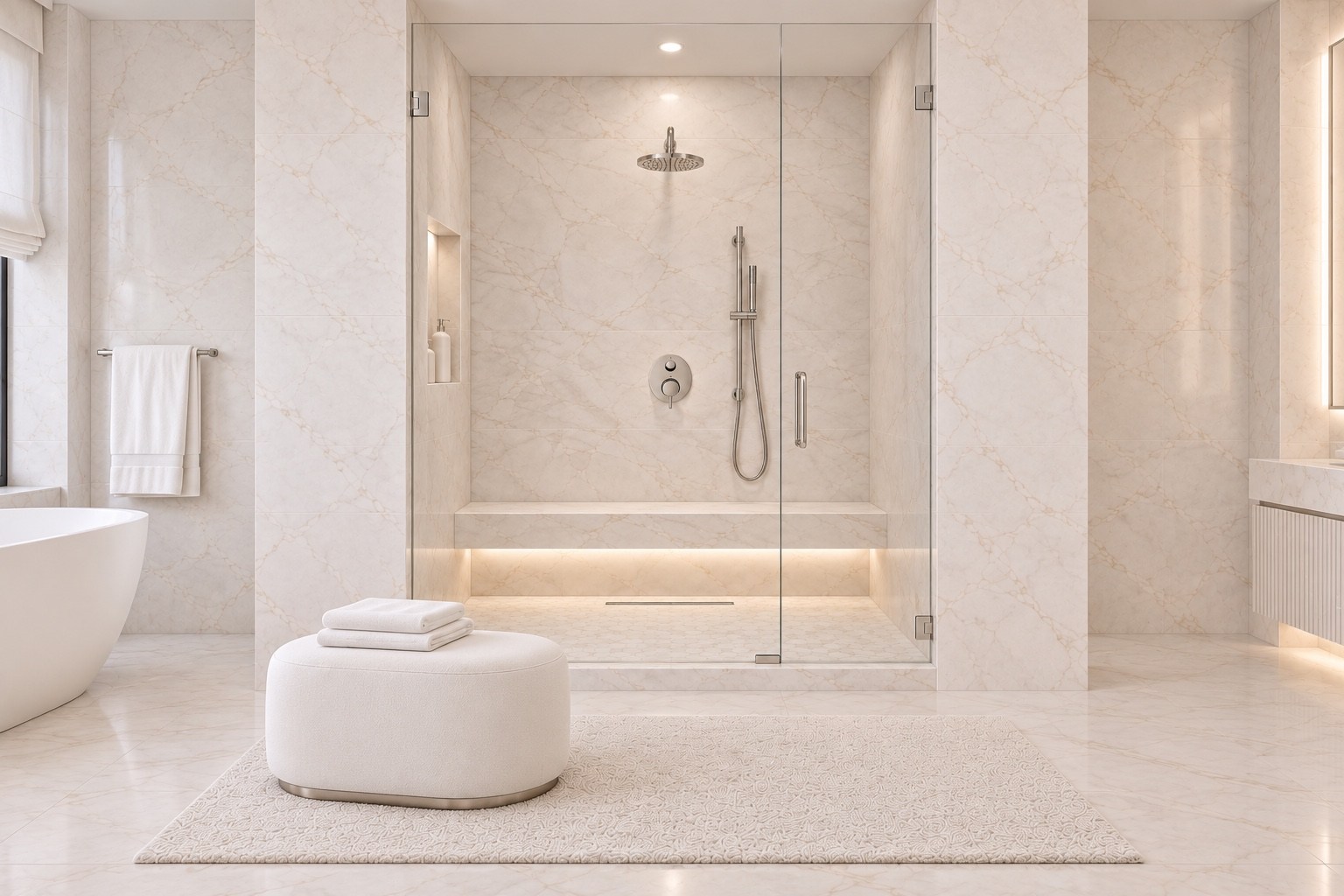 Primary bathroom shower with stone bench and soft integrated lighting