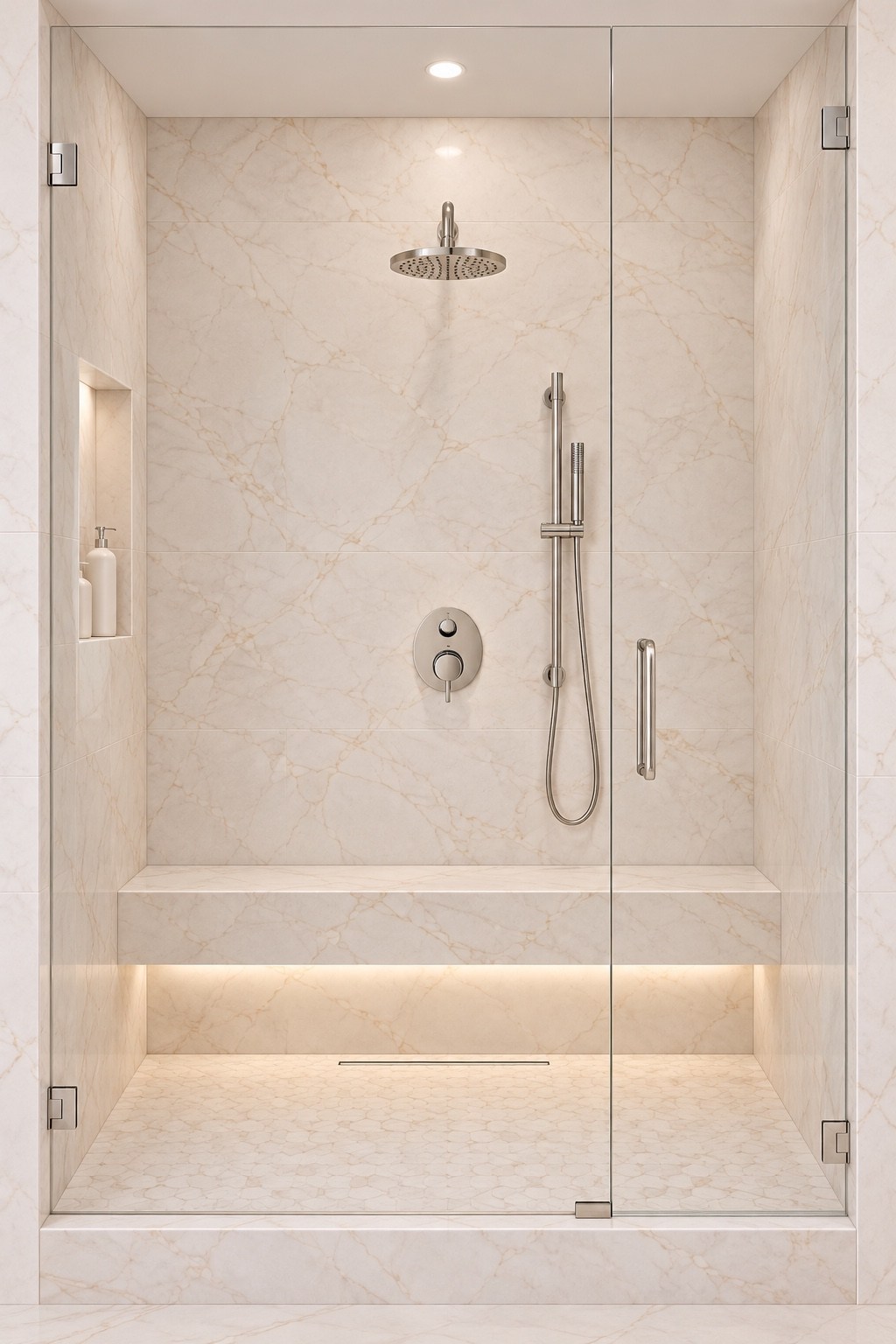 Walk-in shower detail with rainfall and handheld fixtures