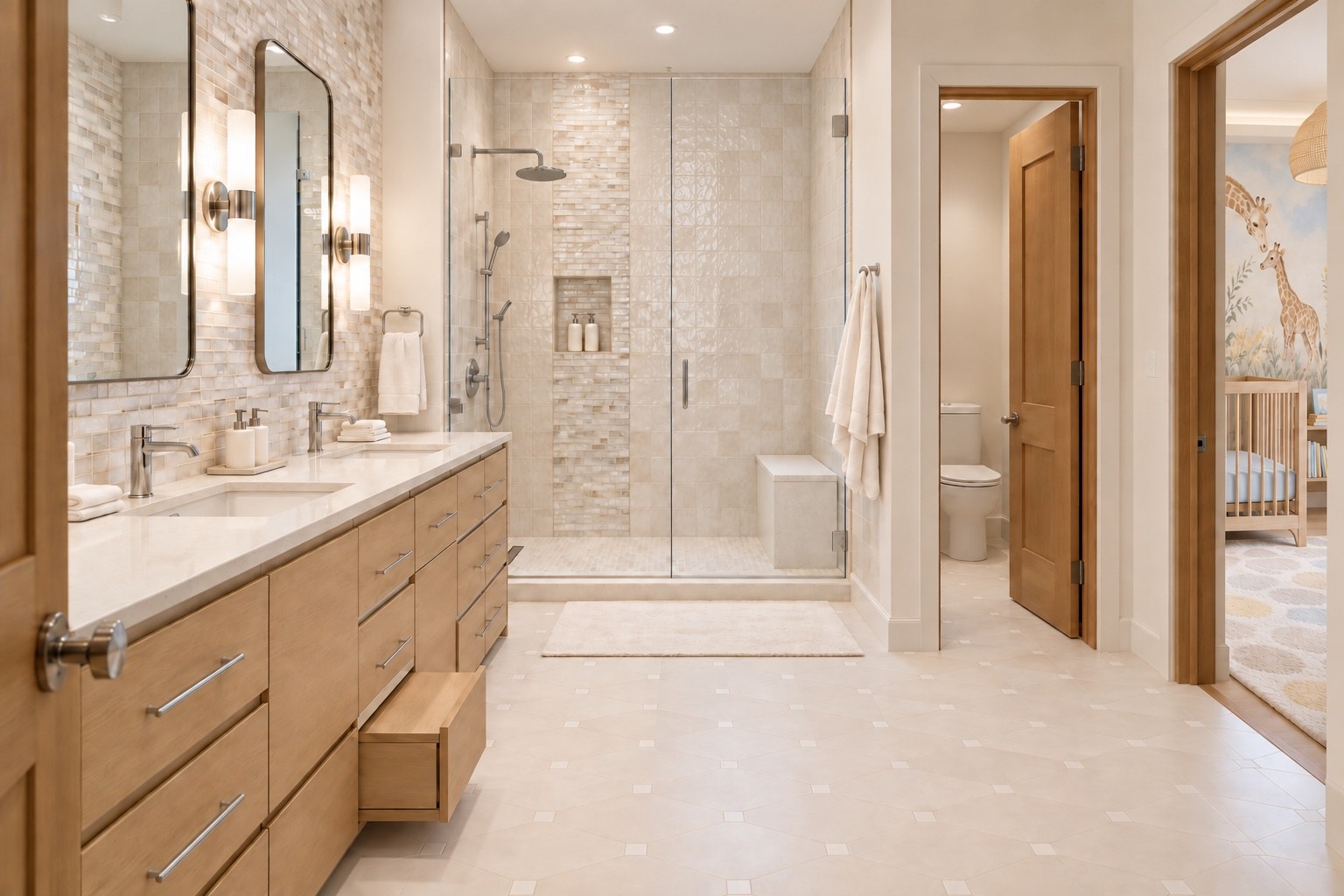 Children’s bathroom with a double vanity and glass shower beside the nursery