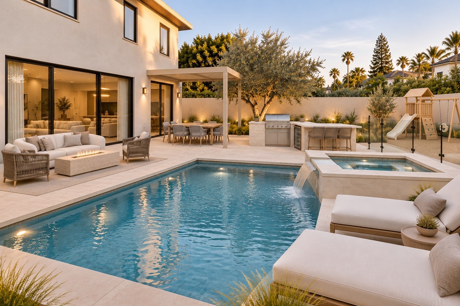 Backyard with pool, spa, outdoor kitchen and children’s play area
