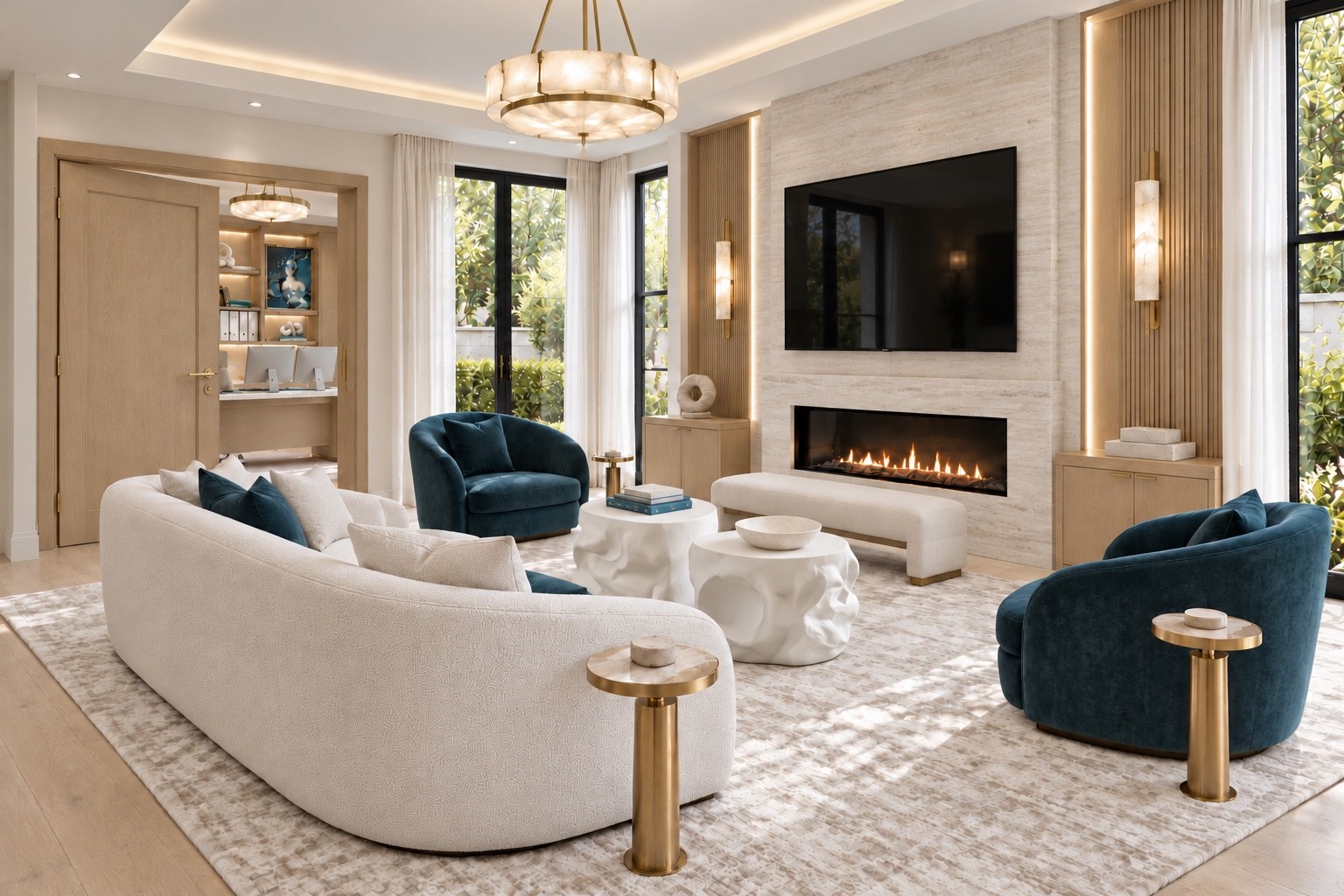 Living room with curved seating and deep blue accent chairs