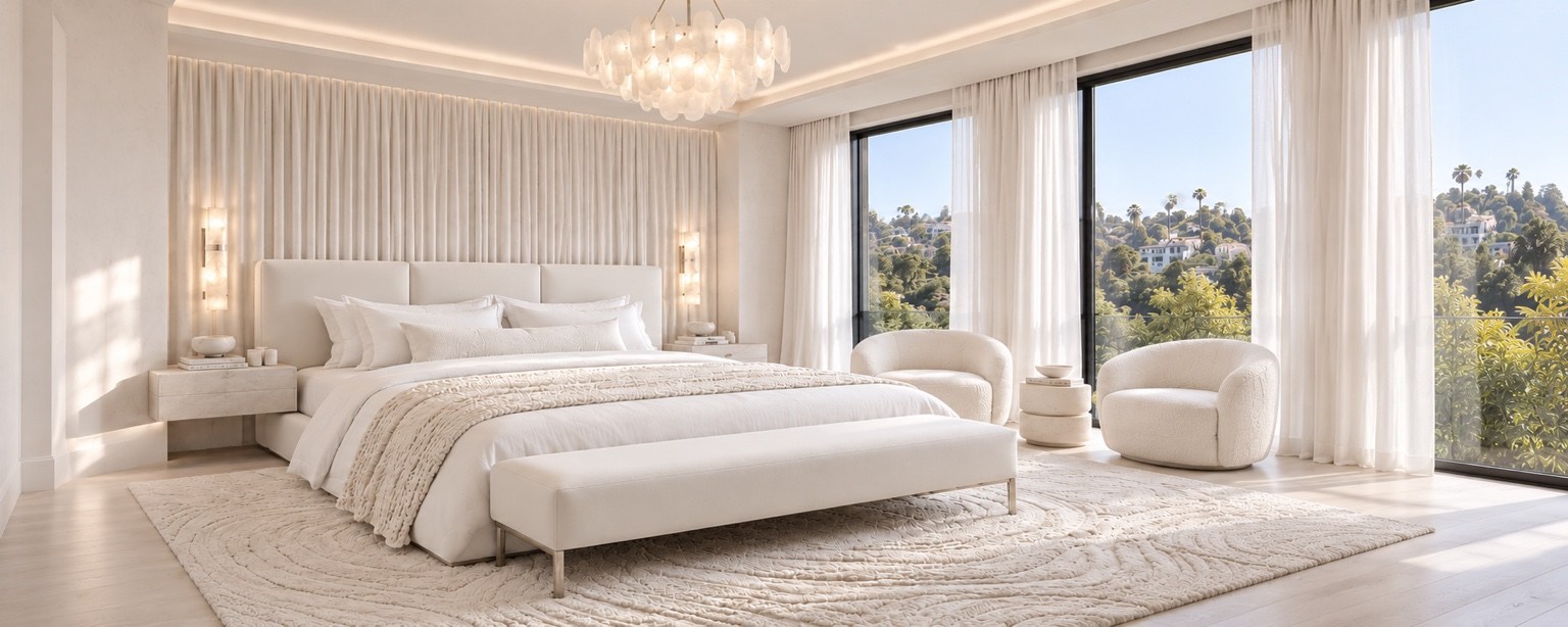 Primary bedroom with layered ivory textures and soft linen drapery