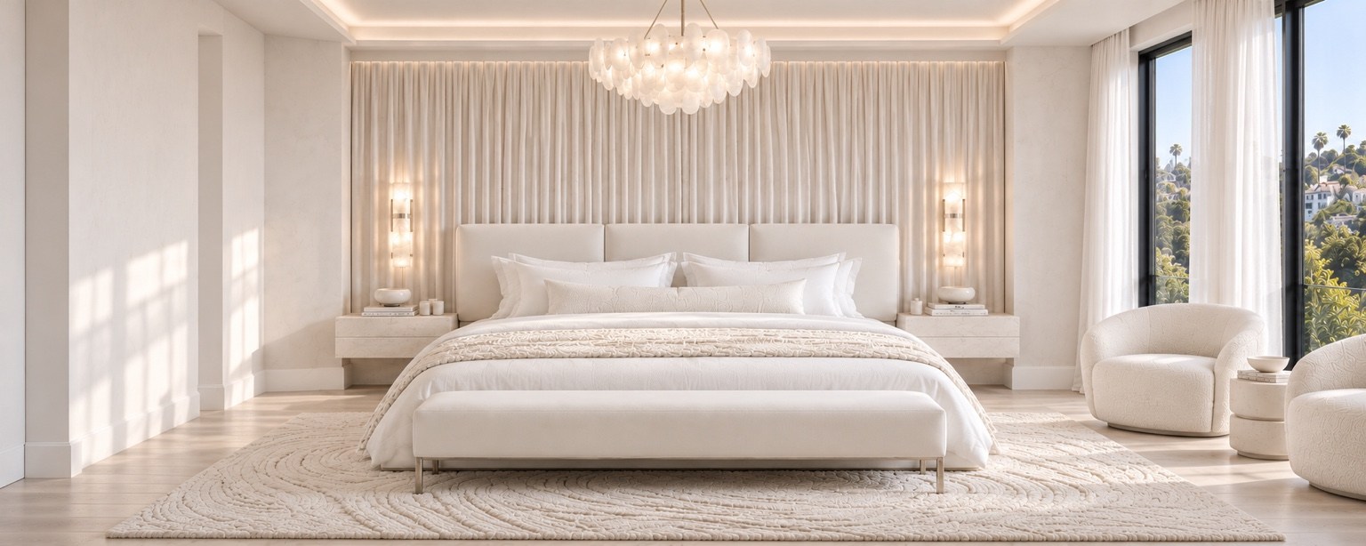 Primary bedroom bed wall with floating nightstands and sculptural lighting