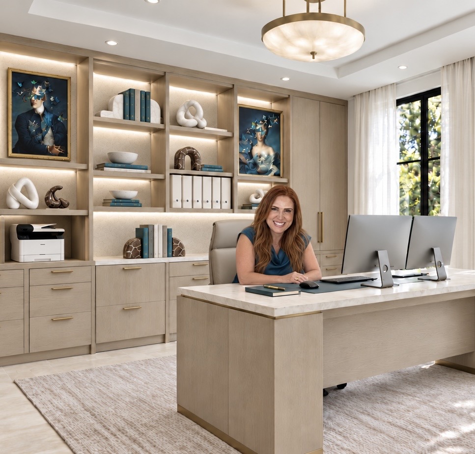 Ziba seated at the desk in the light oak home office