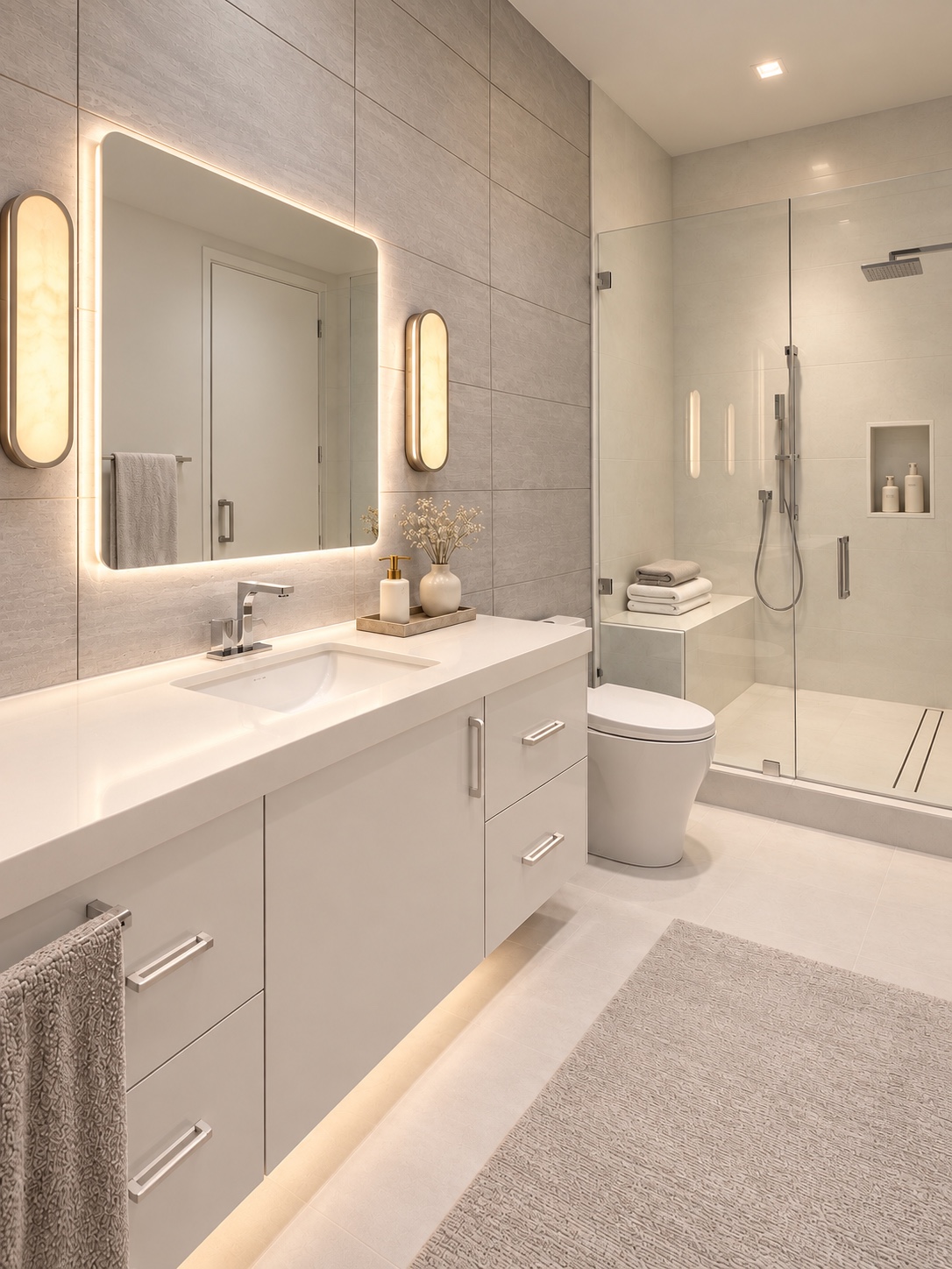 Bathroom vanity and illuminated mirror
