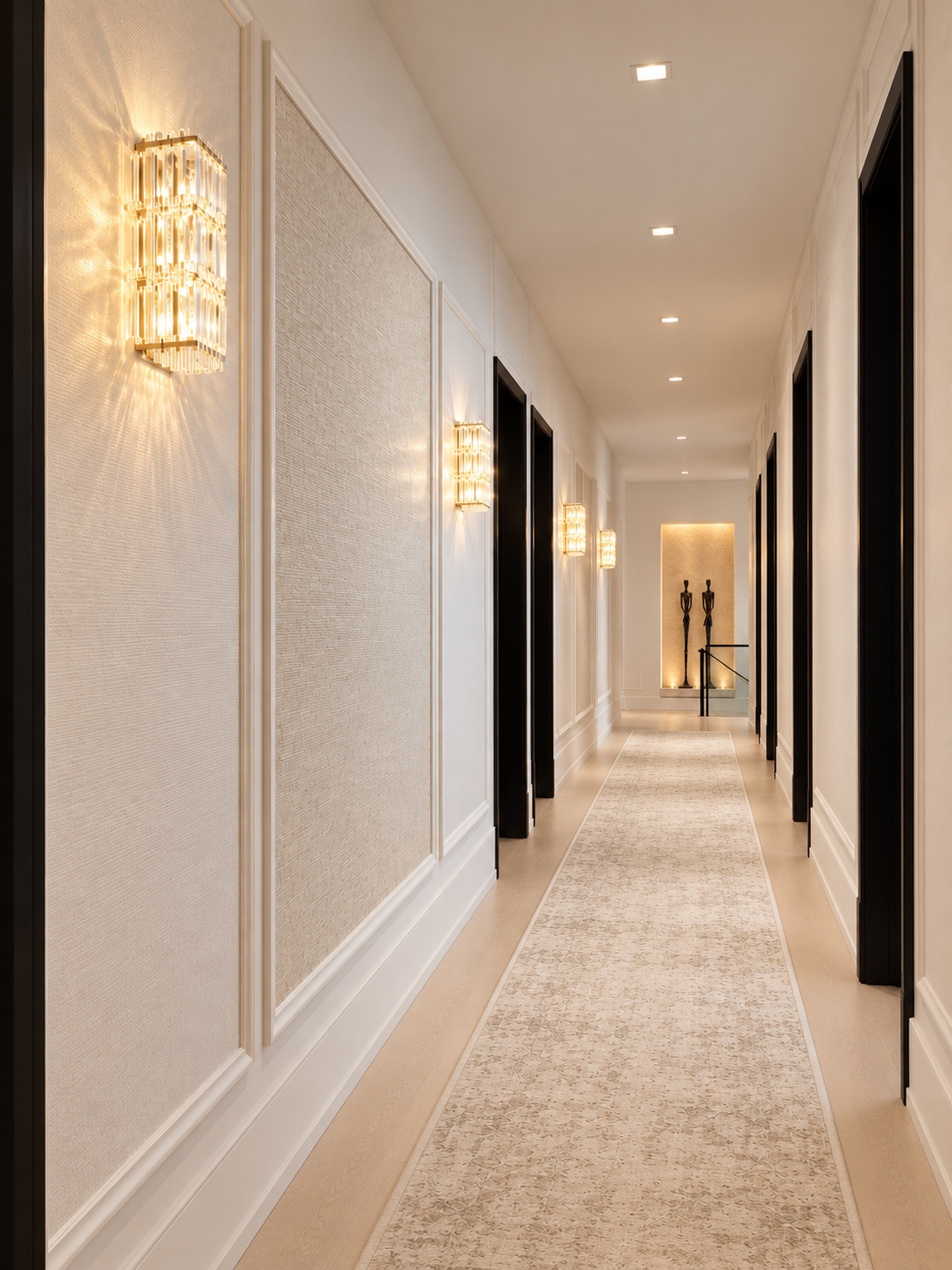 Hallway with decorative wall sconces