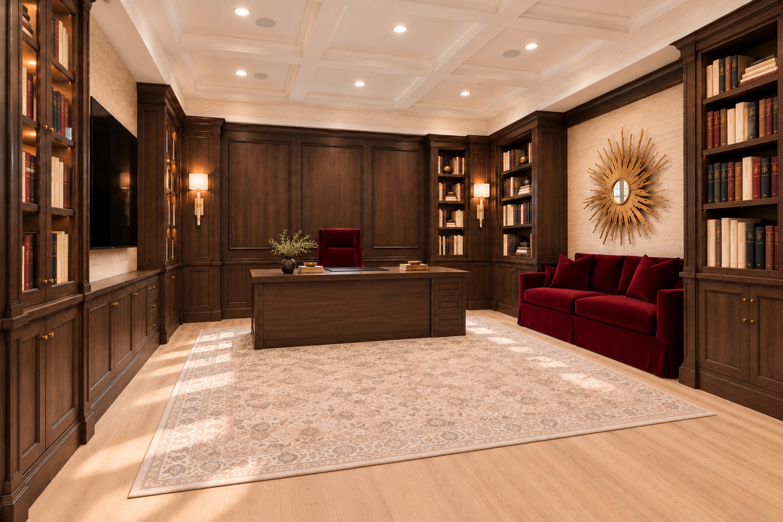 Library with dark wood shelving and burgundy seating