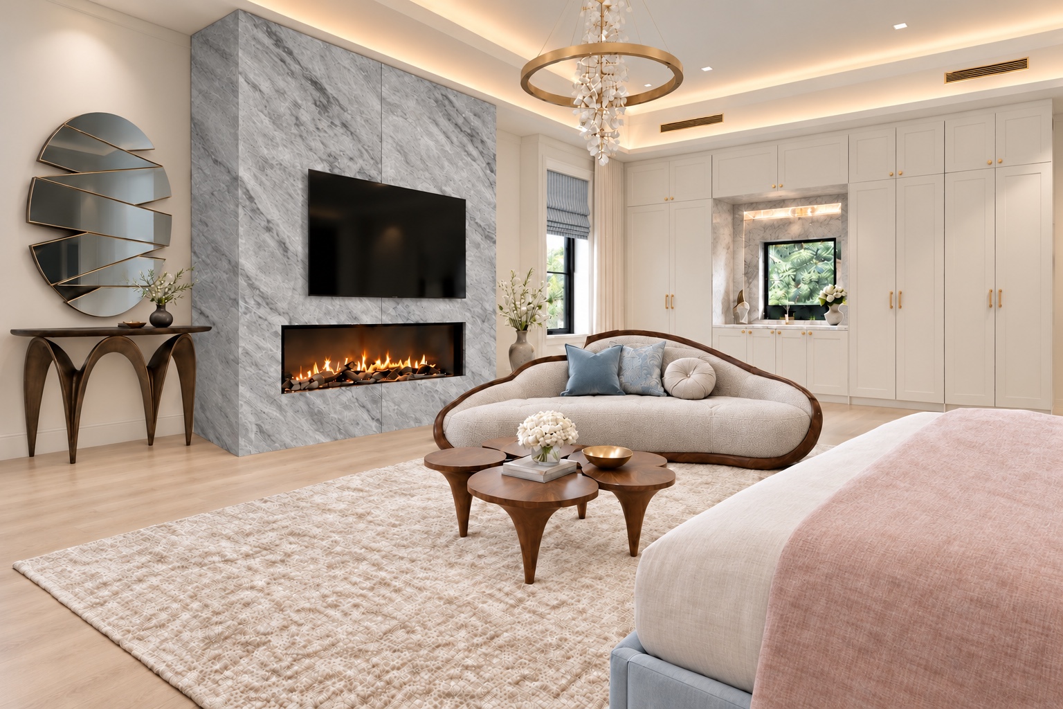 Bedroom sitting area and marble fireplace