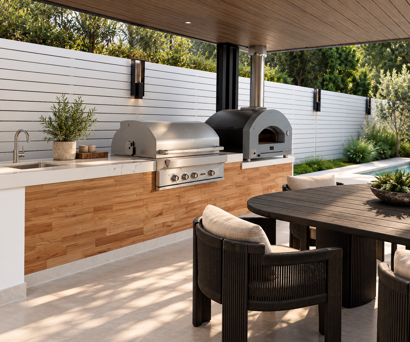Outdoor kitchen with grill and pizza oven