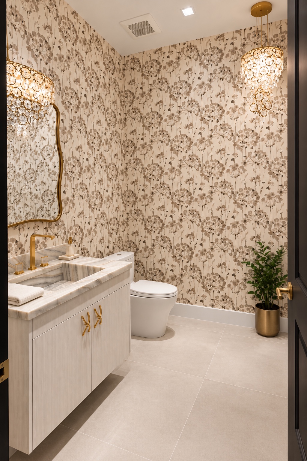 Powder room with patterned wallpaper