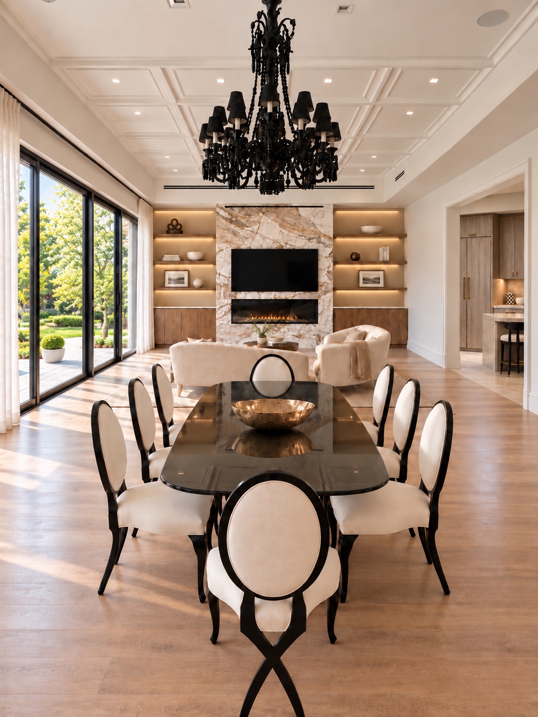 Dining room looking toward the marble fireplace and living room