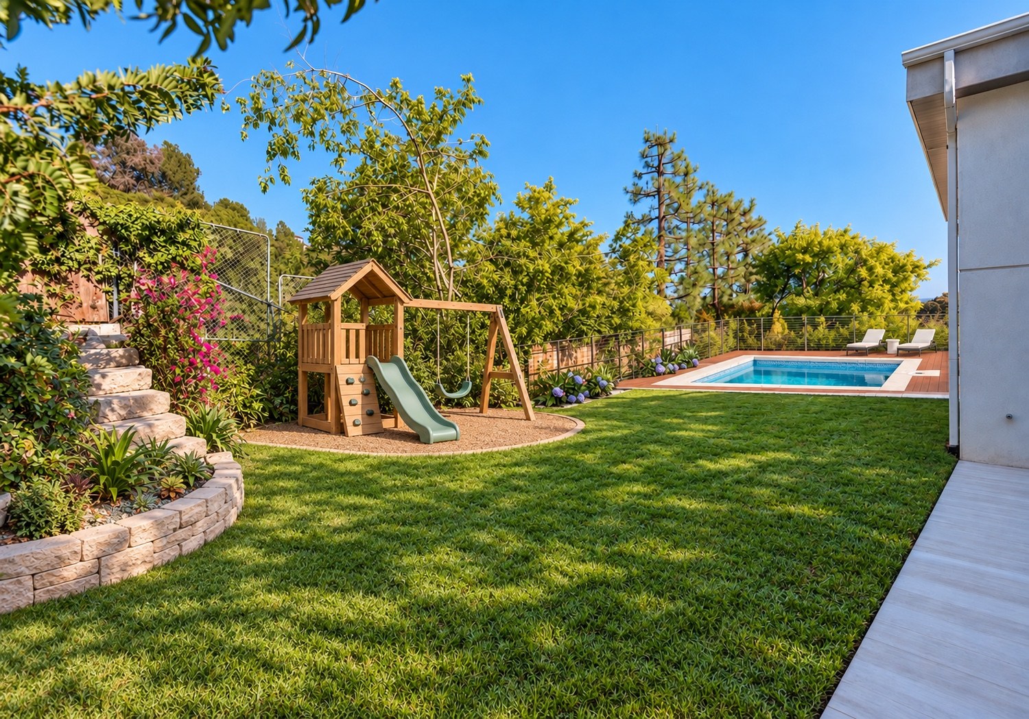 Landscaped backyard with a children’s play area
