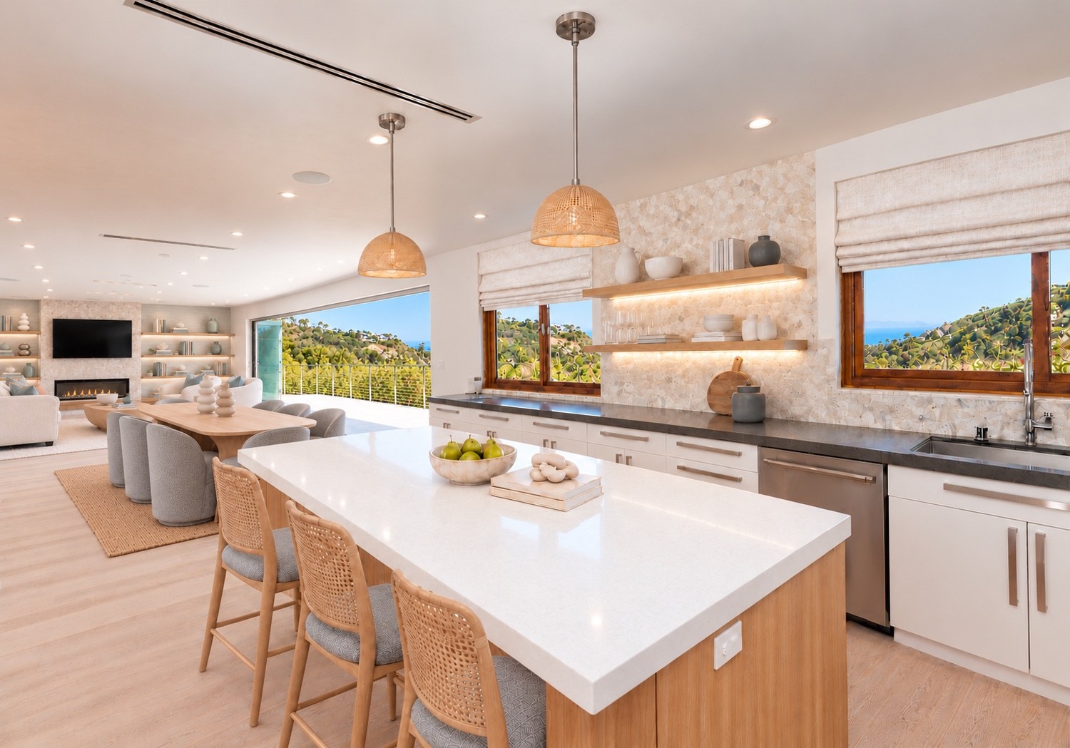 Bright kitchen with an island and ocean views