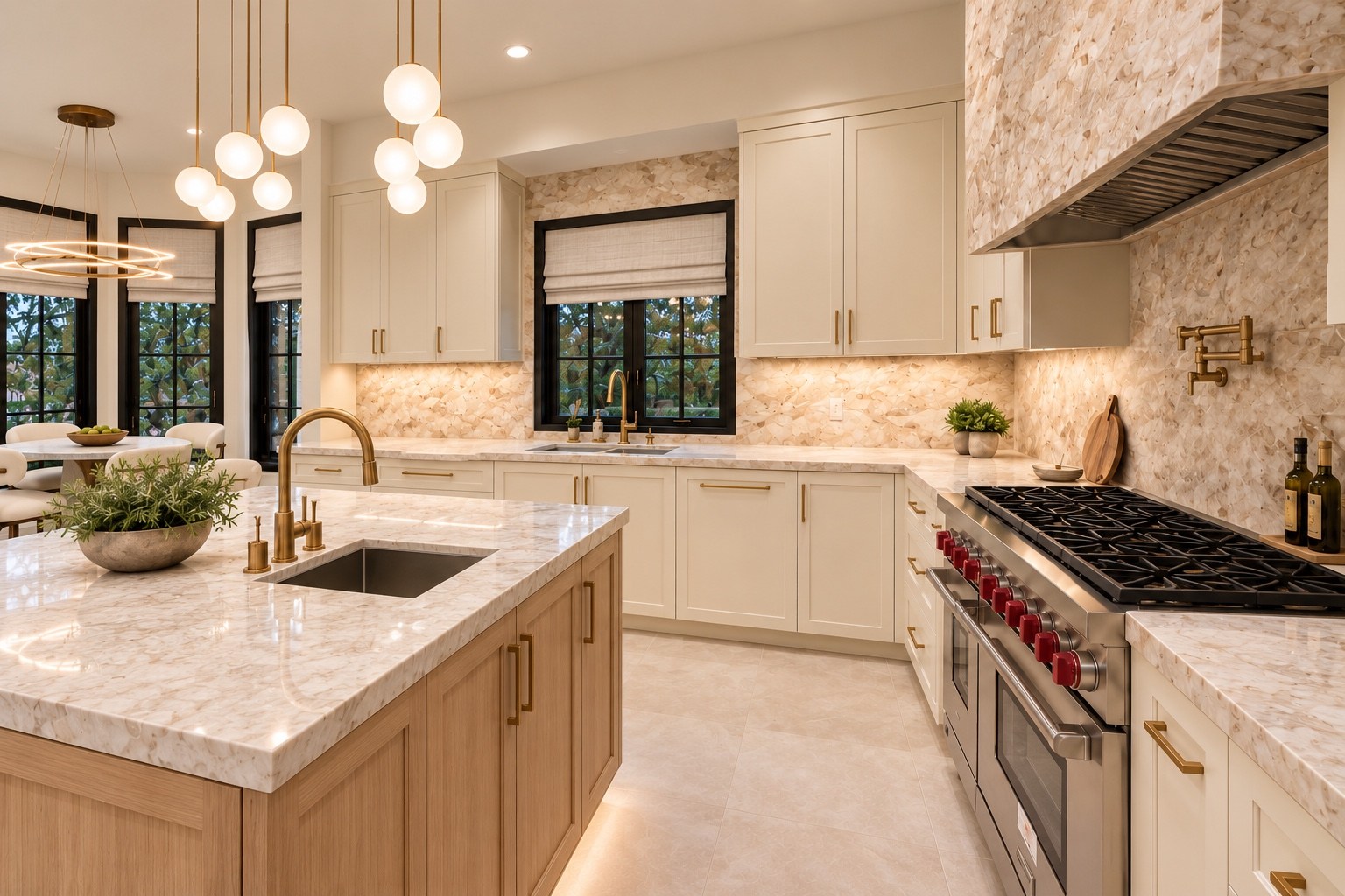 Kitchen with wood island, brass fittings and professional range