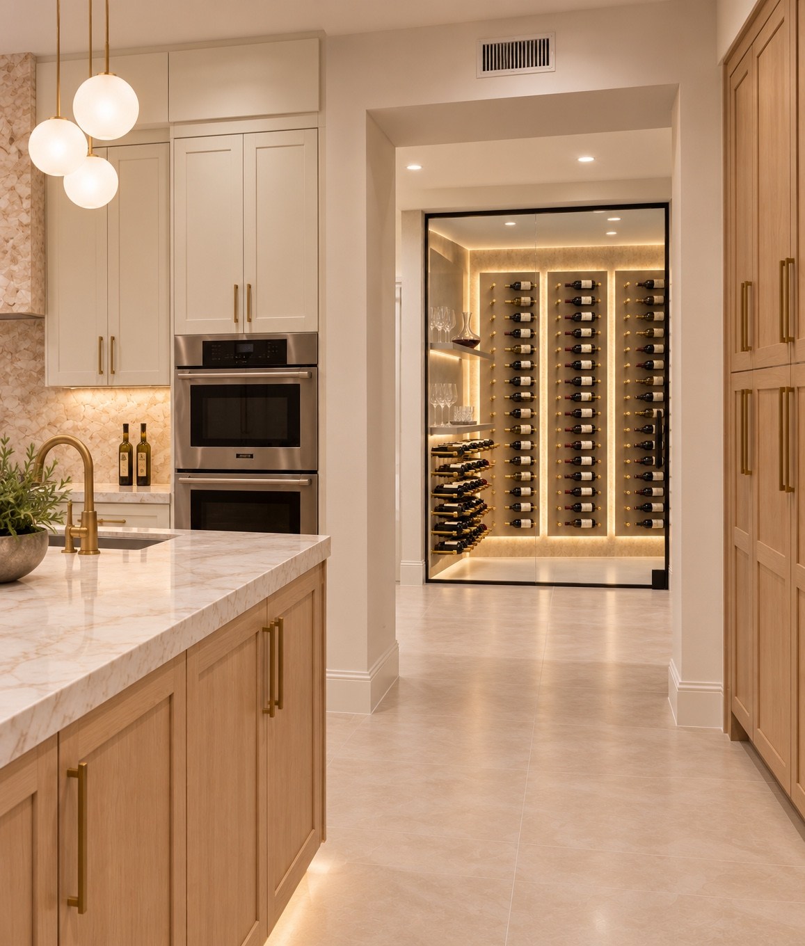 Kitchen ovens and passage to the wine room