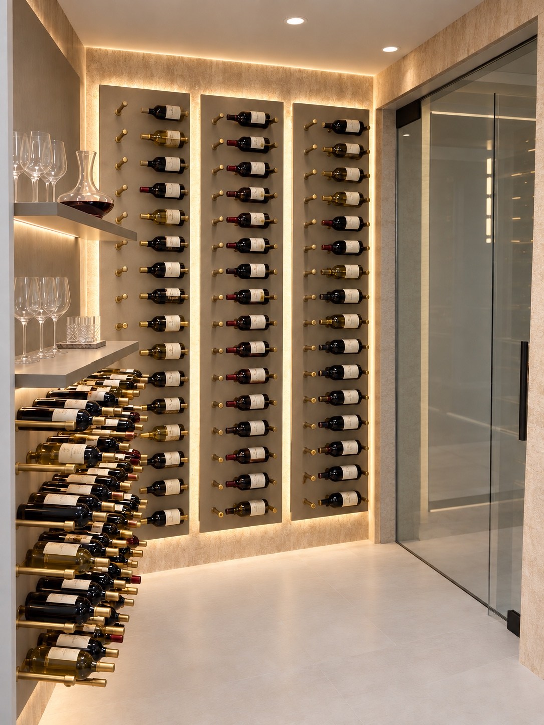 Wine room with wall-mounted bottle racks