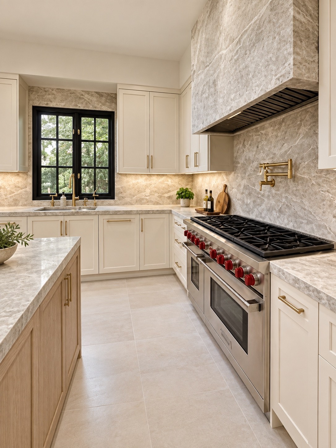 Professional range and stone-clad hood