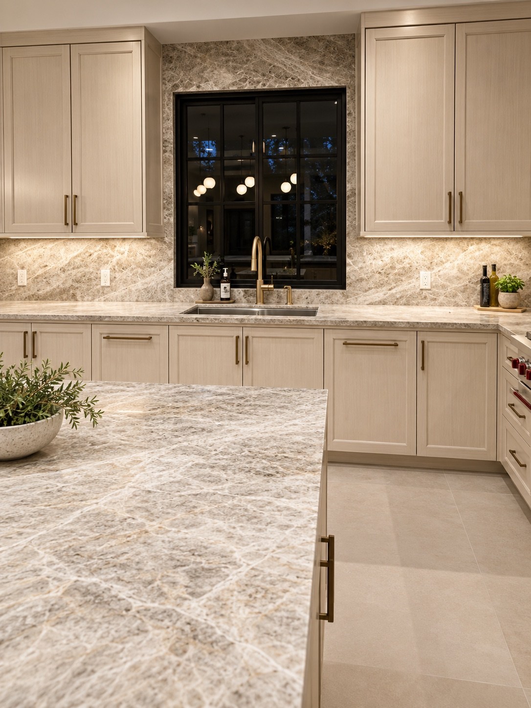 Kitchen sink wall and stone island