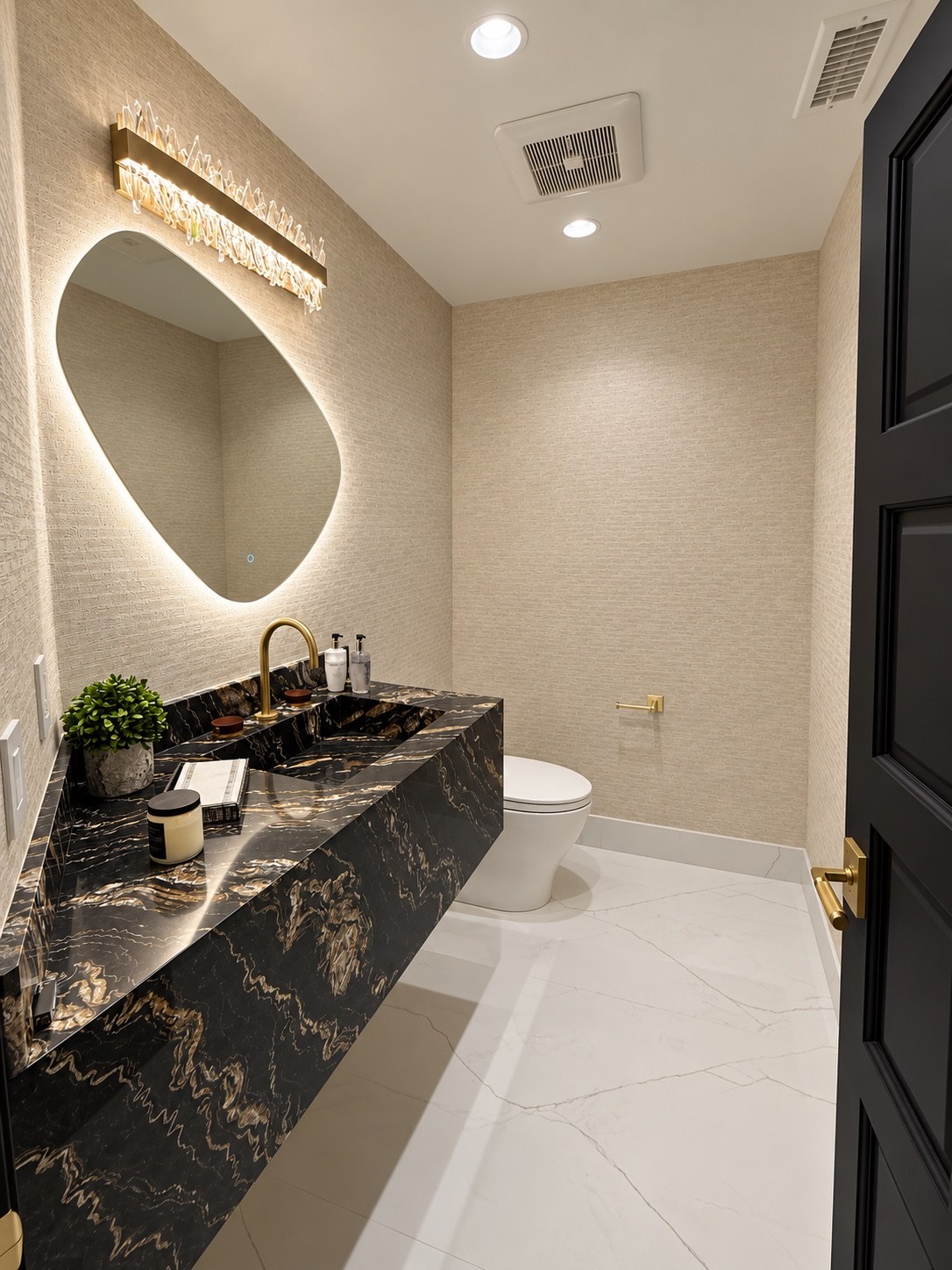 Powder room with floating stone vanity